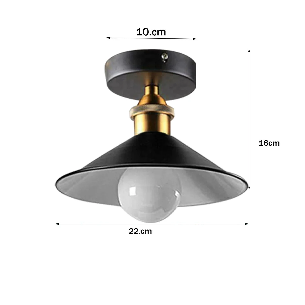 Metal ceiling light with black cone shade, E27 base, flush mounted, 10 cm plate, modern bathroom and living room fixture