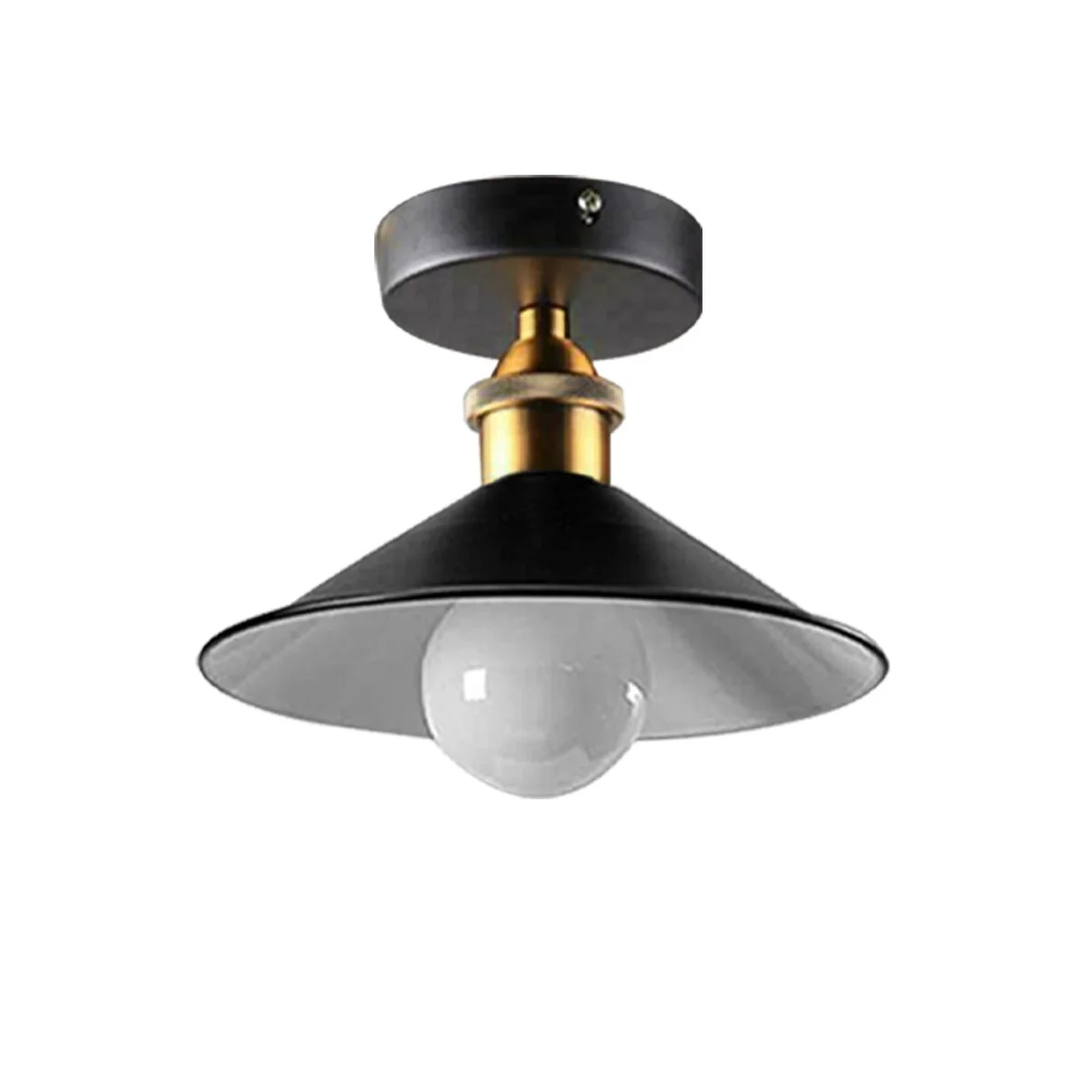 Black metal cone shade ceiling light with E27 base, suitable for warm décor on flush ceiling.