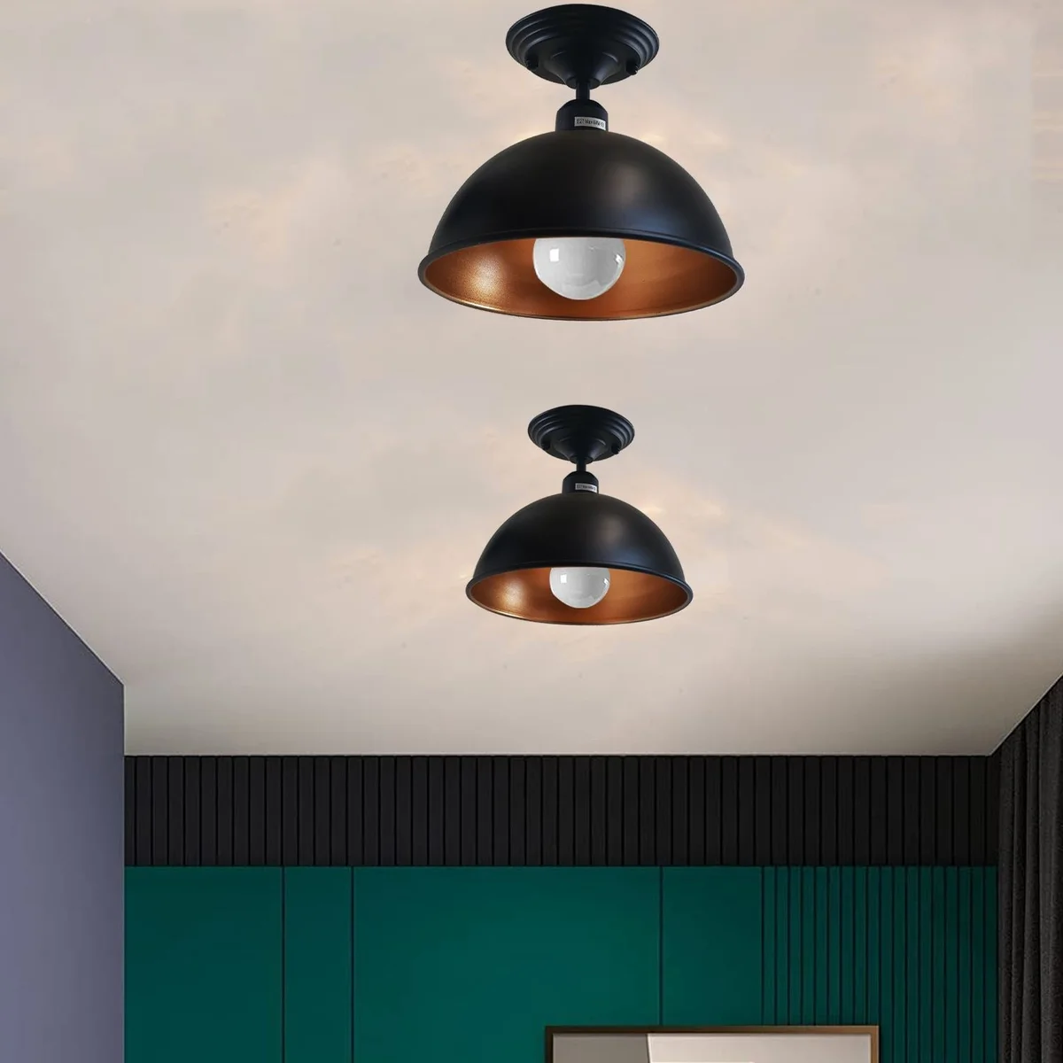 Black metal retro ceiling lamp featuring E27 base and 14cm by 4cm shade.