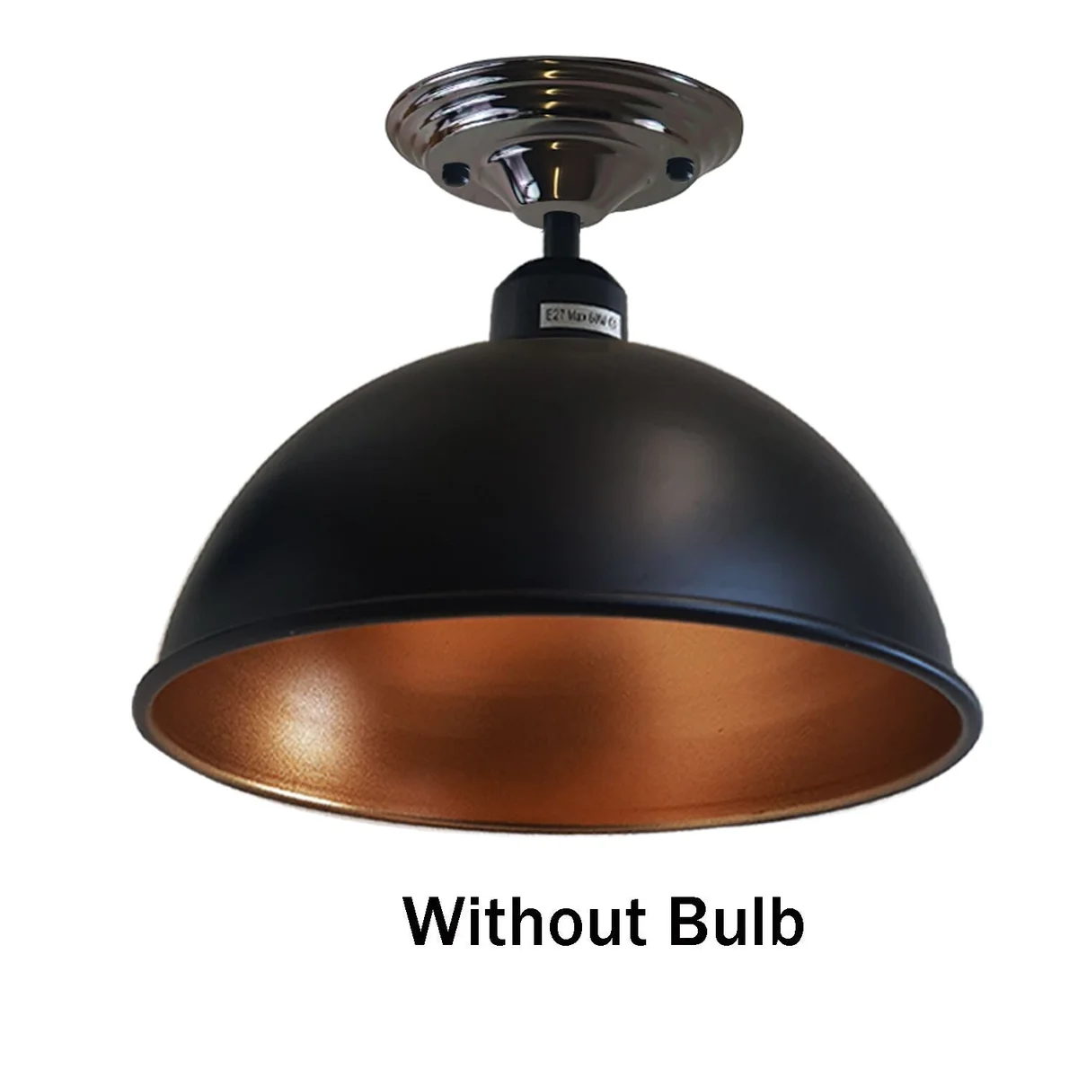 Black metal ceiling shade, 14 cm by 4 cm, hanging on E27 lamp base
