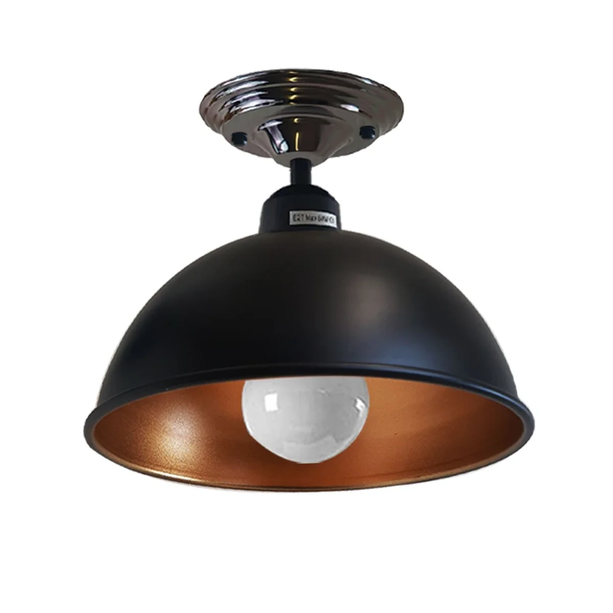 Vintage pendant ceiling light with black metal shade measuring 14cm x 4cm, featuring an E27 base for optional bulb