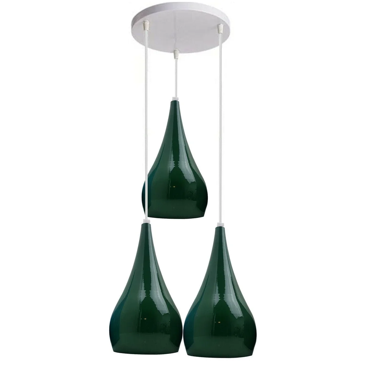 Multi head pendant lighting with three metal heads, white shades, PVC base, modern design, hanging from ceiling.