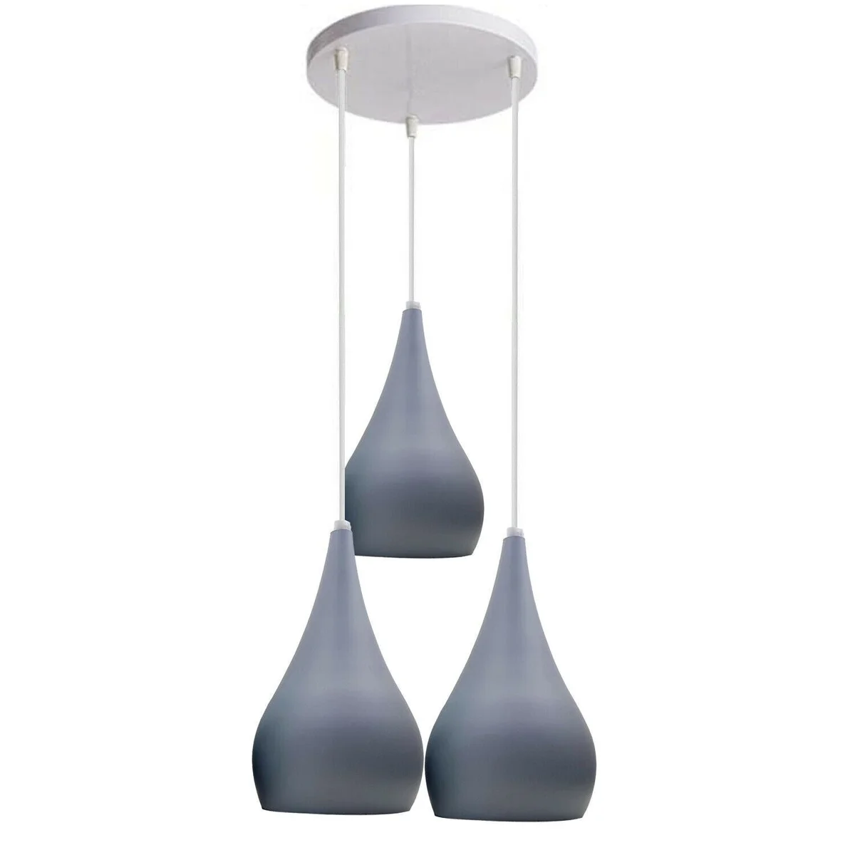 Sleek 3‑head pendant light on white metal base, 3 white PVC shades, 3 E27 holders, 95 cm cable, modern minimal design.