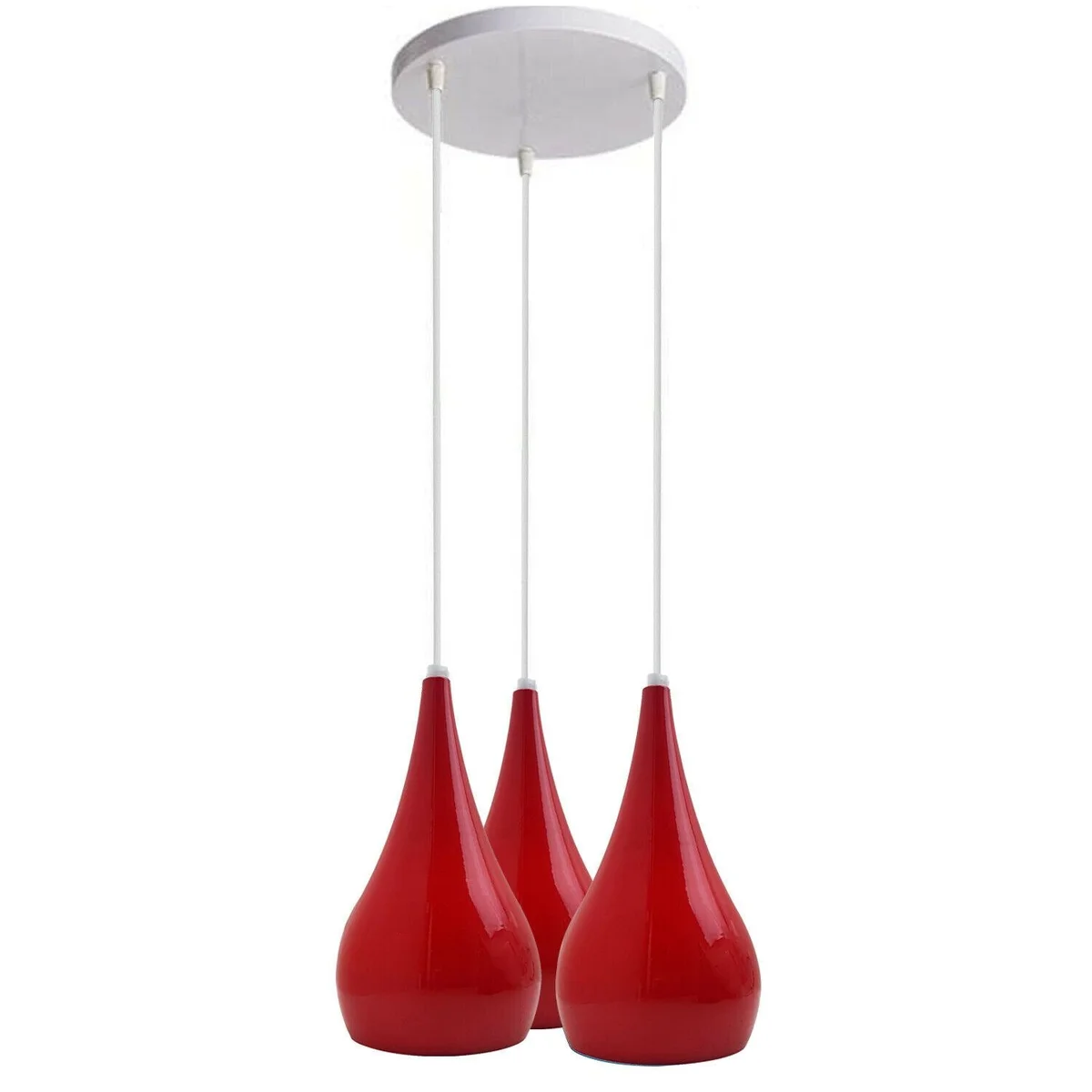 3 head pendant light with sleek metal frame and white shade, 95cm cables, available in white, green, blue, red, burgundy