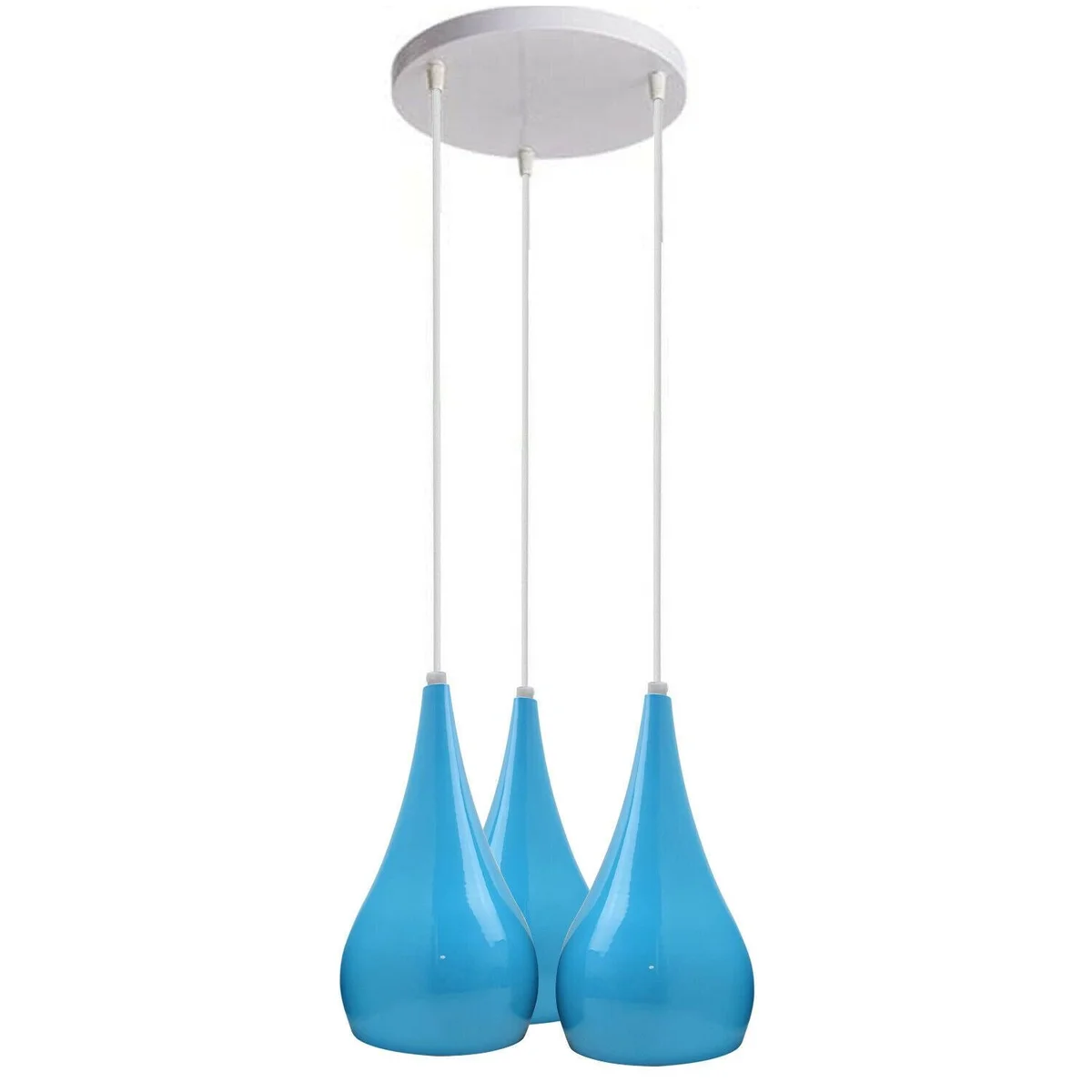 3 head pendant light, metal and PVC frame with white shades, hanging from ceiling in modern style.
