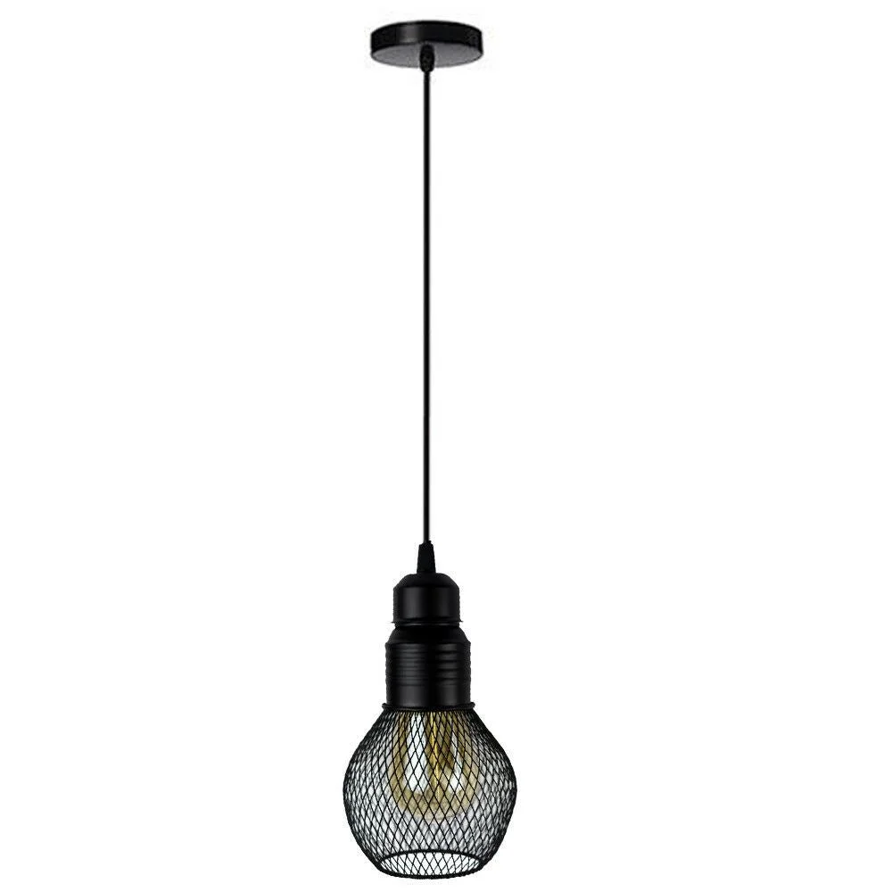 Black modern ceiling pendant lamp with iron cage, 10 cm diameter, 21 cm tall, 90 cm cable