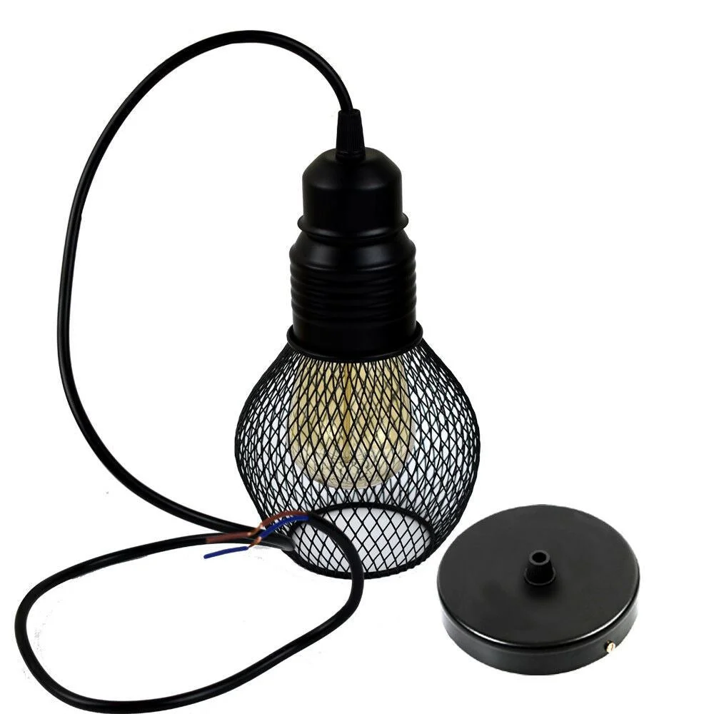 Black pendant light with iron cage, 10cm diameter, 21cm height, 90cm mounting rod, mounted on ceiling.