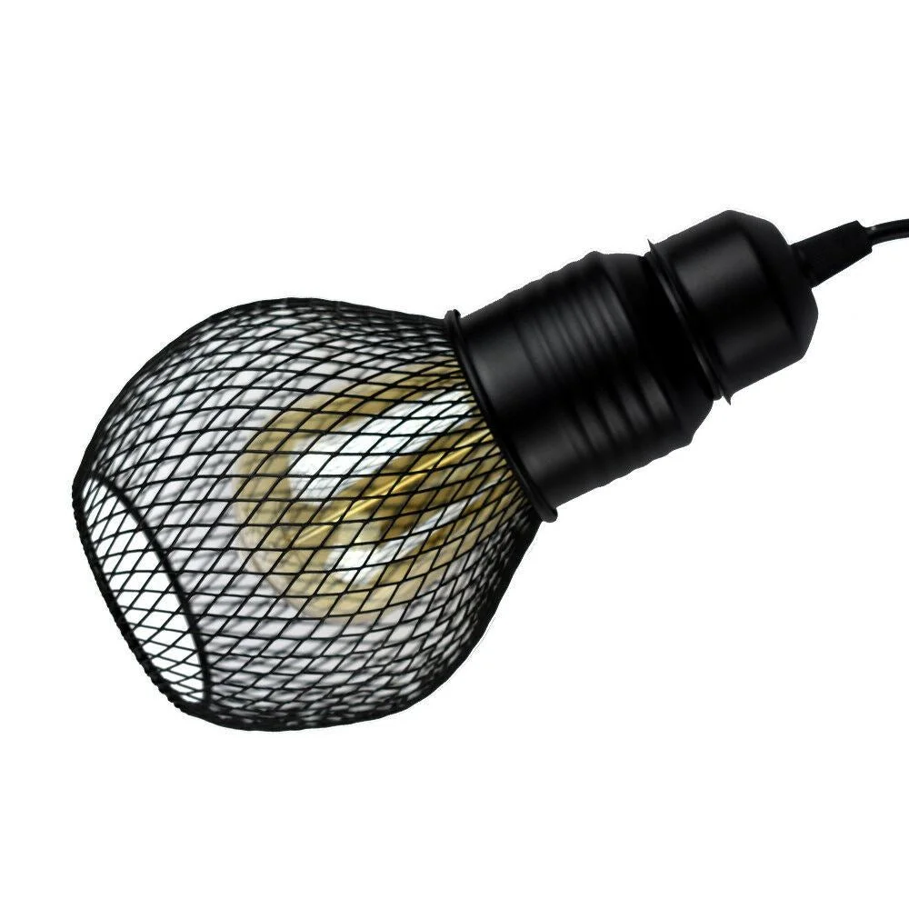 Black iron pendant light with cage design, 10cm diameter, 21cm high, fitting for E27 bulb.