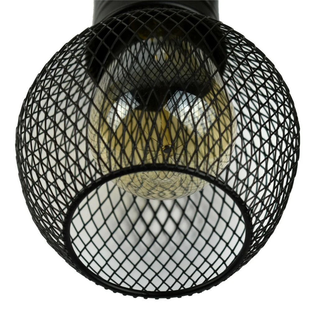modern ceiling pendant lamp in black iron cage, hanging from ceiling with cable, E27 holder