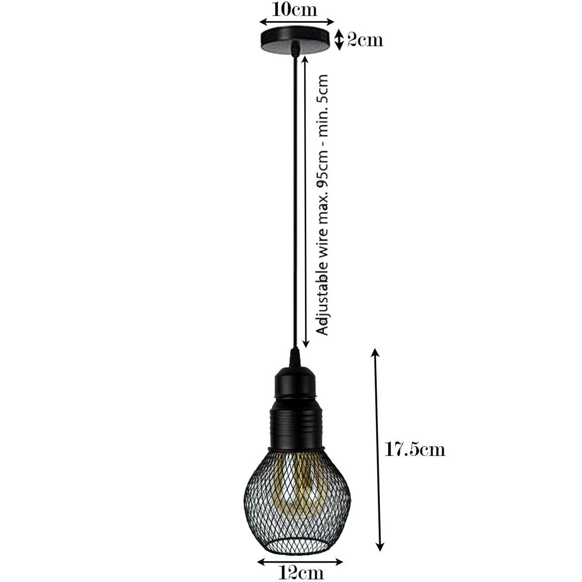 Modern ceiling pendant lamp with black iron cage, 10cm diameter, 21cm height, 90cm cable, E27 holder, energy‑efficient lighting