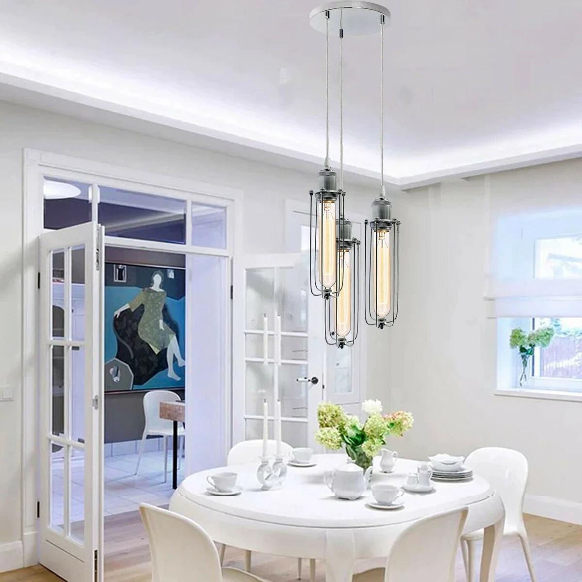 3 way pendant ceiling light: chrome metal cage hanging with PVC cable.
