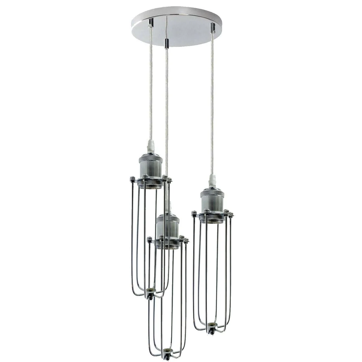 Modern pendant light with chrome cage, three E27 holders, hanging from ceiling.