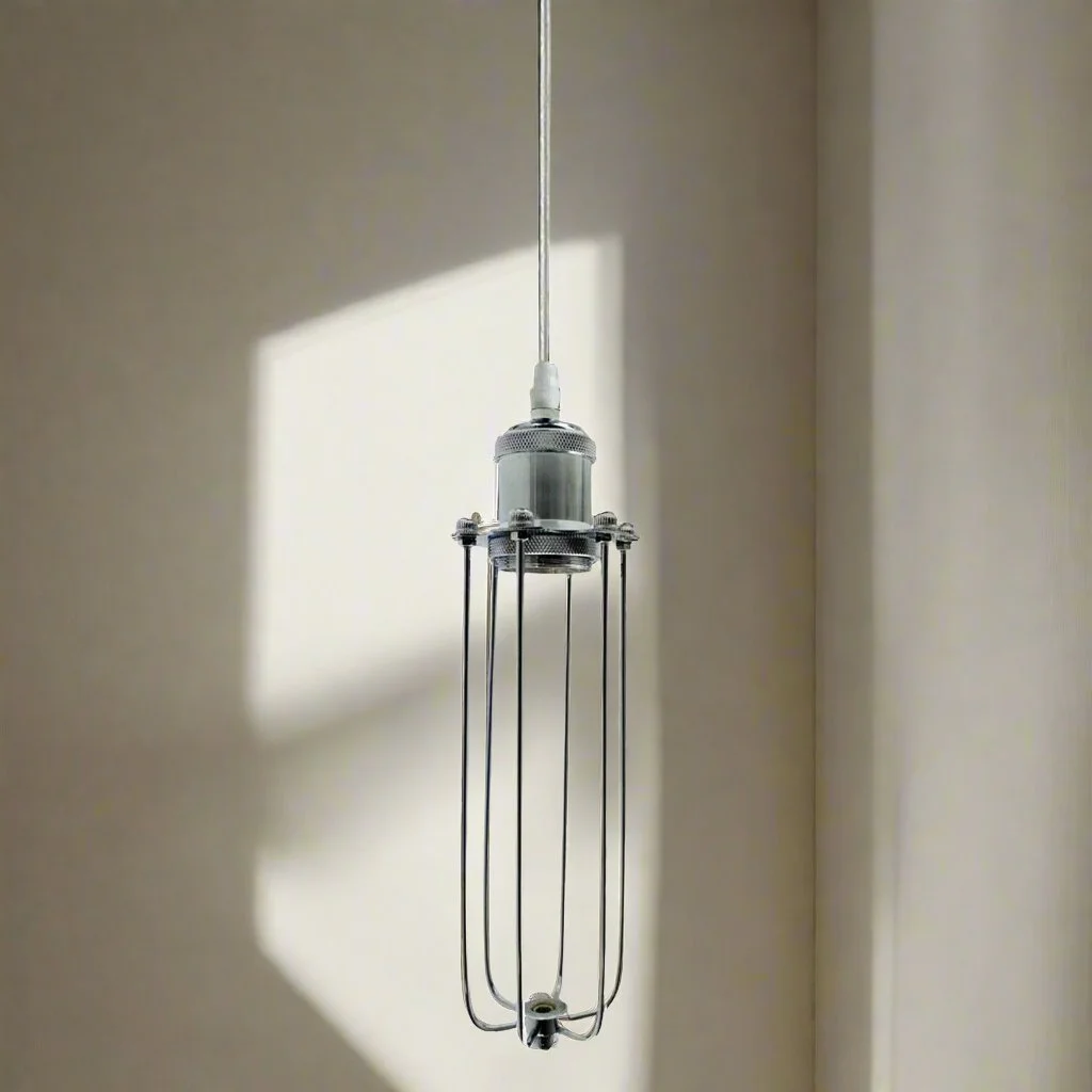 Chrome ceiling light hangs from ceiling with three metal cages, 95cm cable, modern style, E27 socket holder