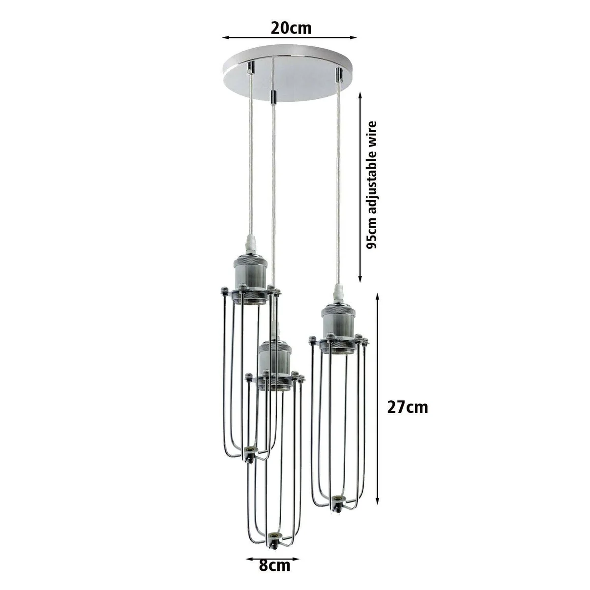 Chrome 3‑way pendant lamp with metal cage and PVC sleeve, an E27 pendant lamp hanging from the ceiling for modern décor.