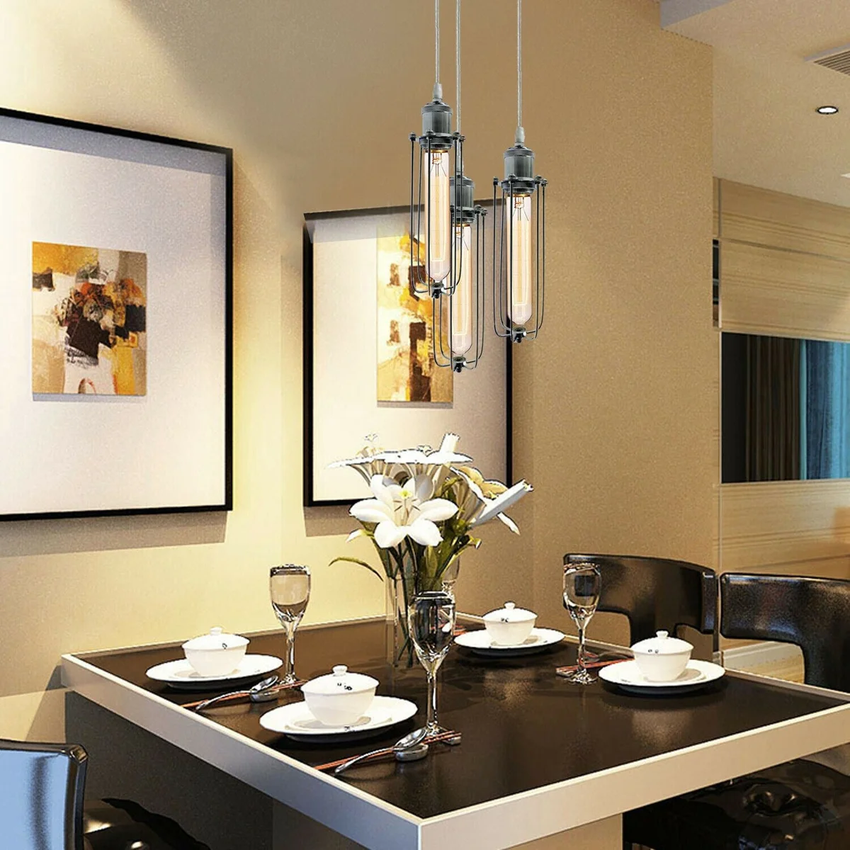 Chrome metal cage pendant light with three E27 holders, hanging on 95cm PVC cable and 20cm canopy