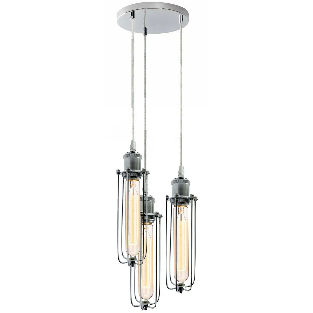 Chrome 3 way pendant ceiling light featuring metal cage, 3 E27 holders, 95 cm cable, modern design
