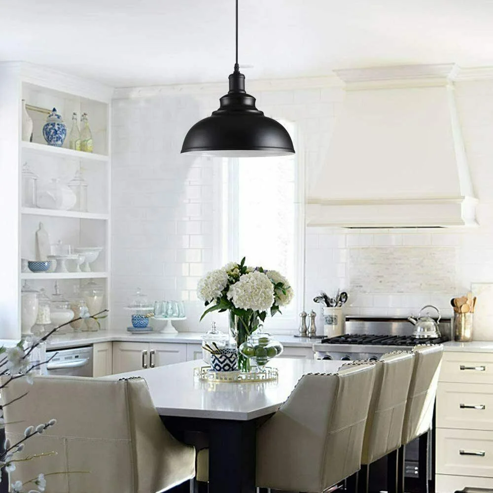Black industrial pendant with metal shade, 95cm cable, vintage style ceiling light for loft kitchen