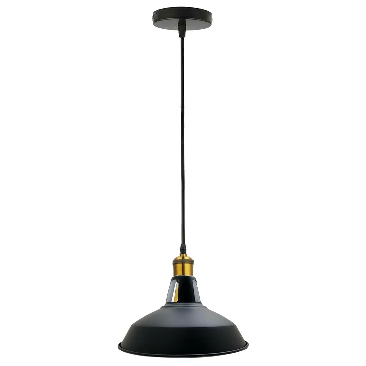 Retro metal ceiling light in black shade with slotted design, mounted on 10cm ceiling rose, 95cm iron cable.