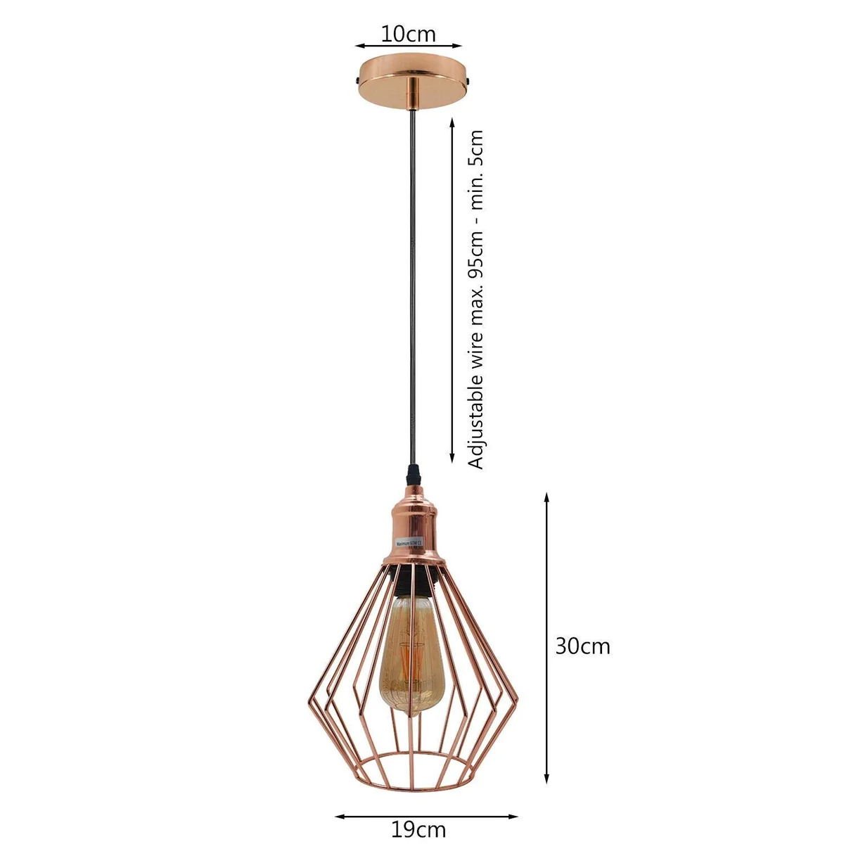 Rose gold metal cage E27 ceiling pendant with PVC cable, 95cm length, 19cm diameter.