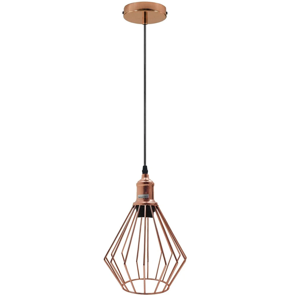 Rose gold metal pendant lighting hanging from ceiling with a diamond‑shaped metal cage.