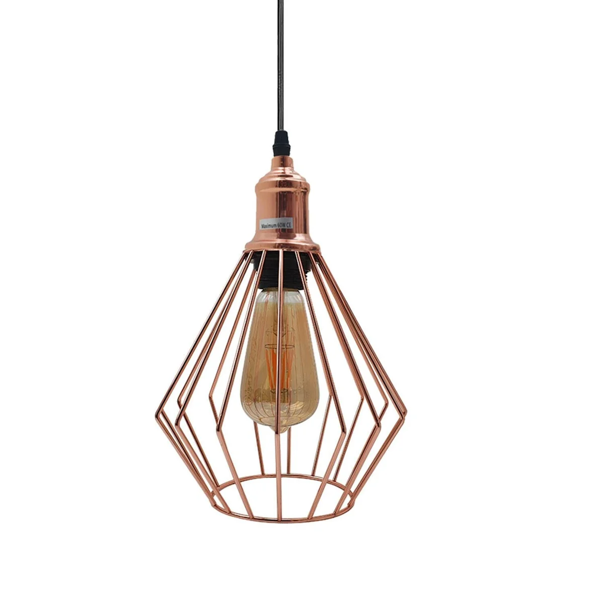 Rose gold wire cage ceiling light with 95cm PVC cable, 10cm base plate, 19cm wide cage and pendant base.