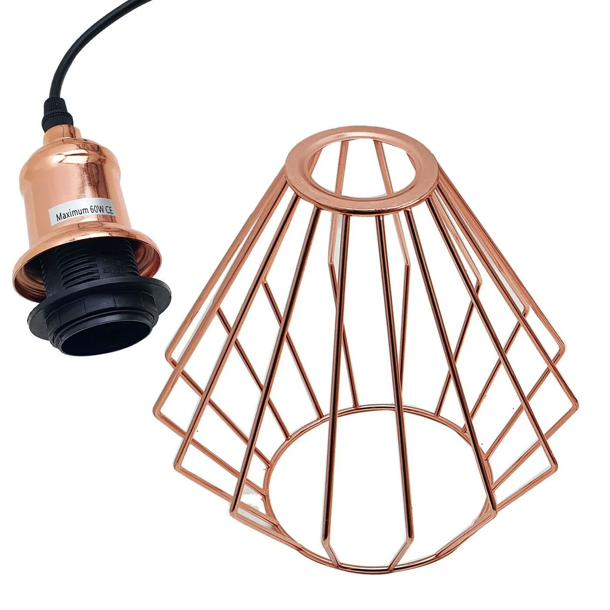 Rose gold metal cage ceiling light, 19cm diameter, 24cm height, PVC cable 95cm, single pendant with E27 base.