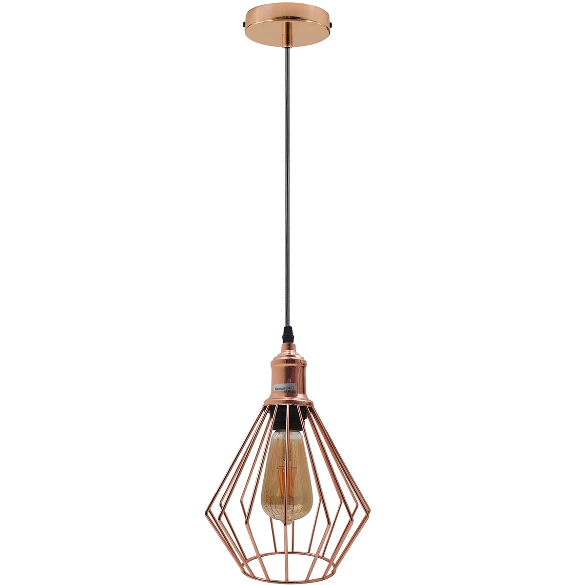 Rose gold metal cage ceiling light with round 19cm shaft, 24cm tall, hanging from 95cm cable