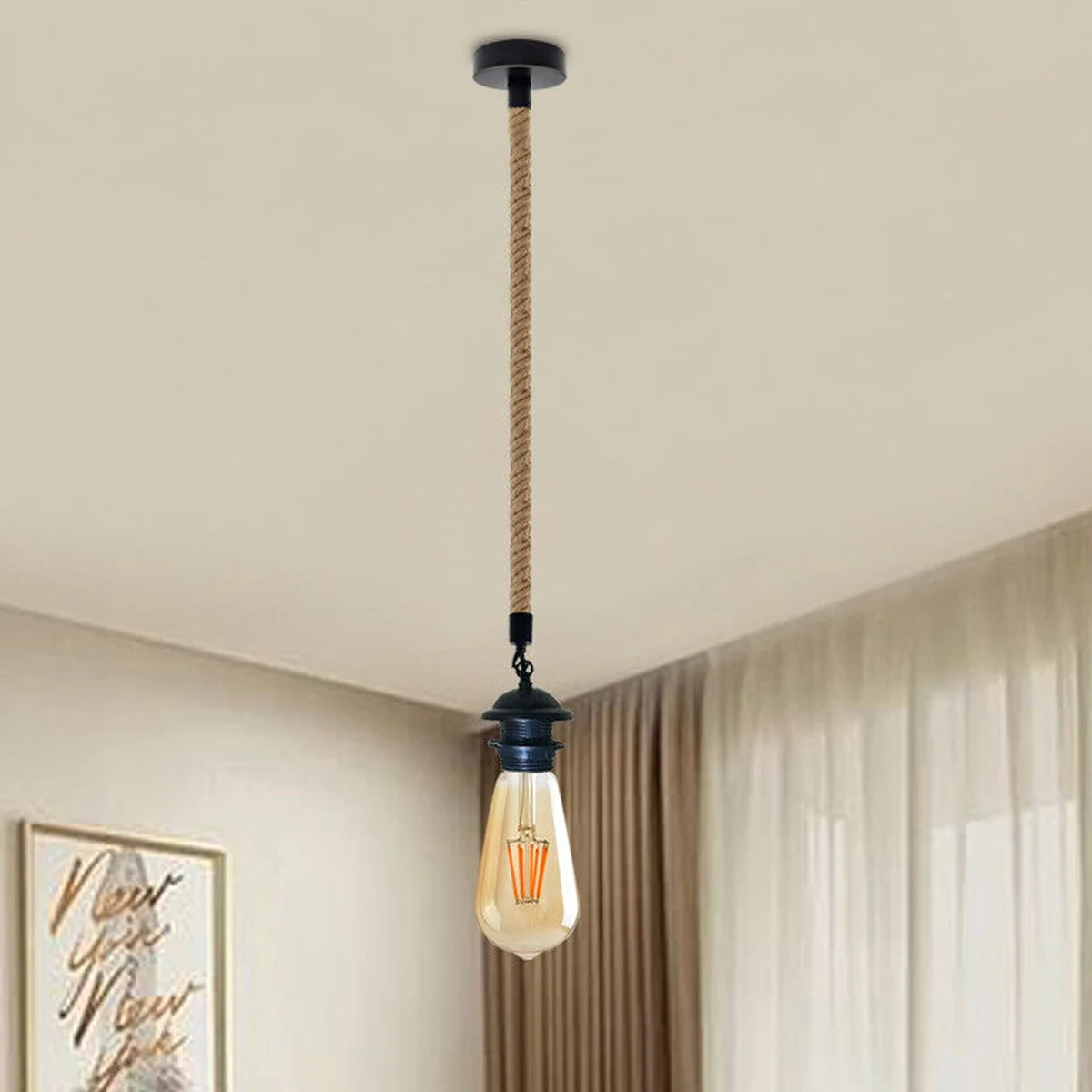 Hemp rope pendant light with vintage metal holder and natural hemp rope, single pendant, great for living rooms or coffee bars.