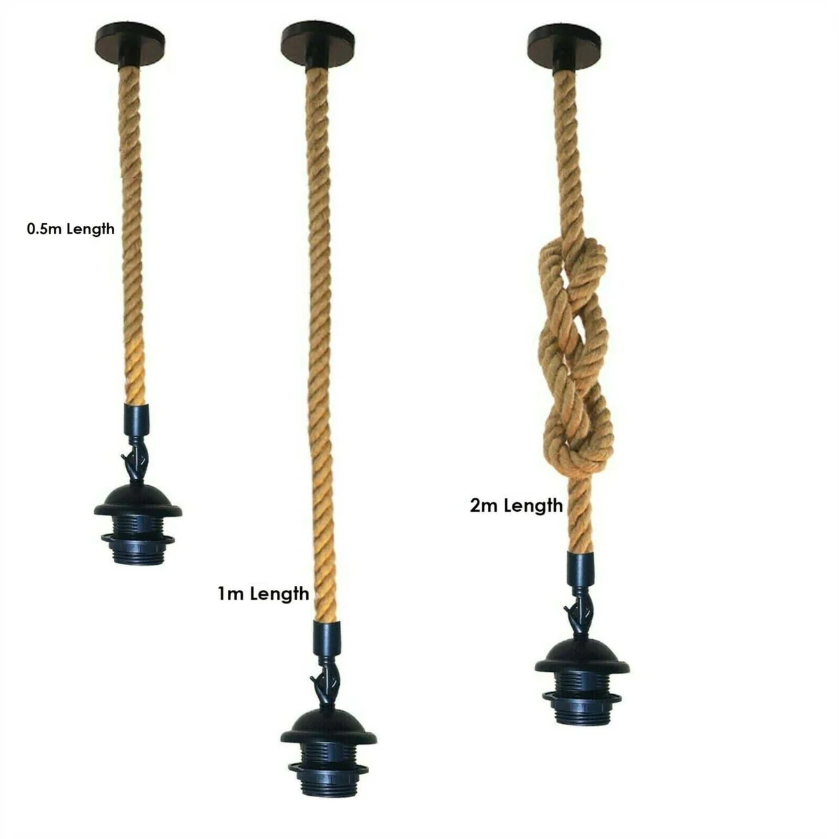 Vintage pendant lighting with hemp rope shade and metal holder hanging from ceiling