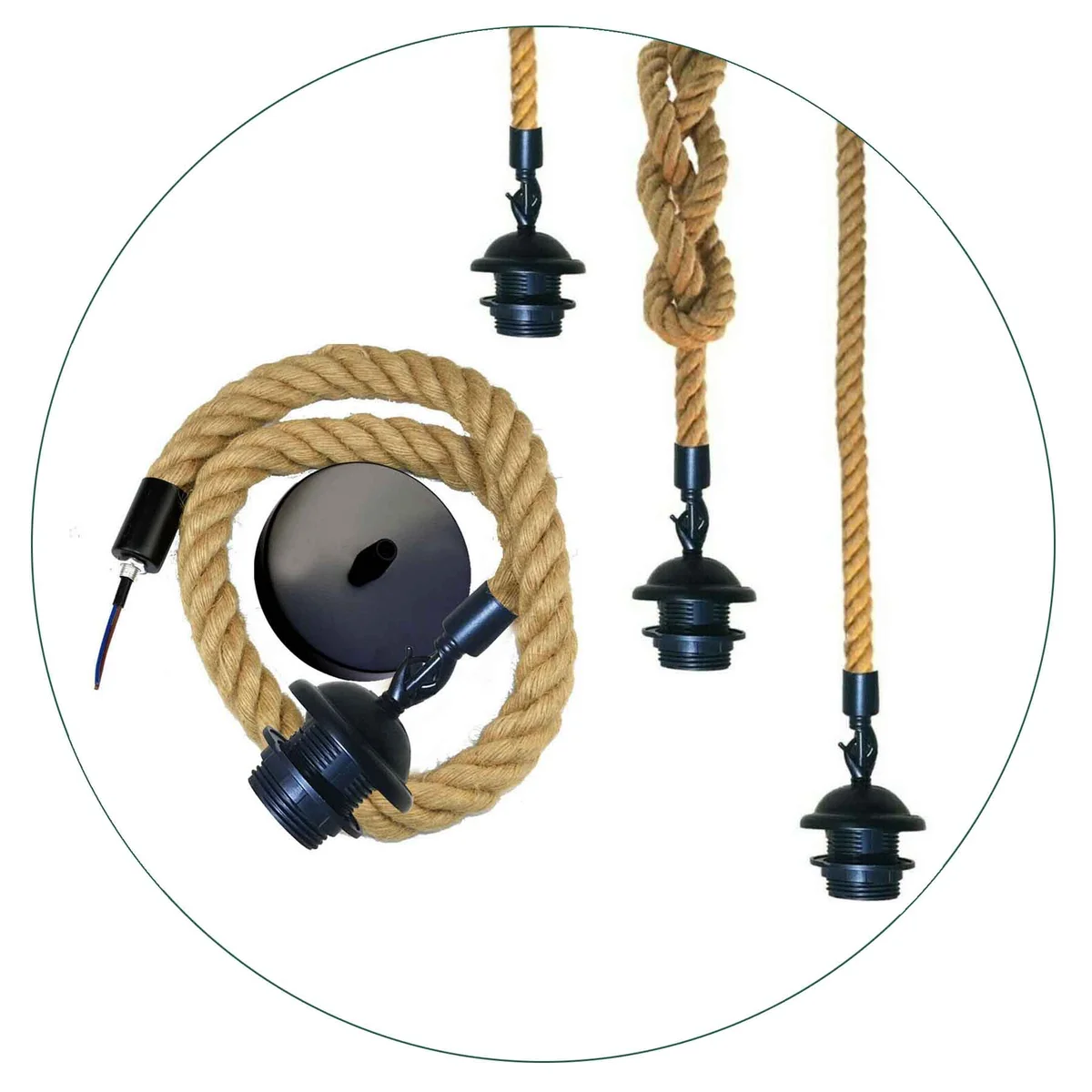 Natural hemp rope lamp pendant with metal holder, vintage industrial style, E27 screw base