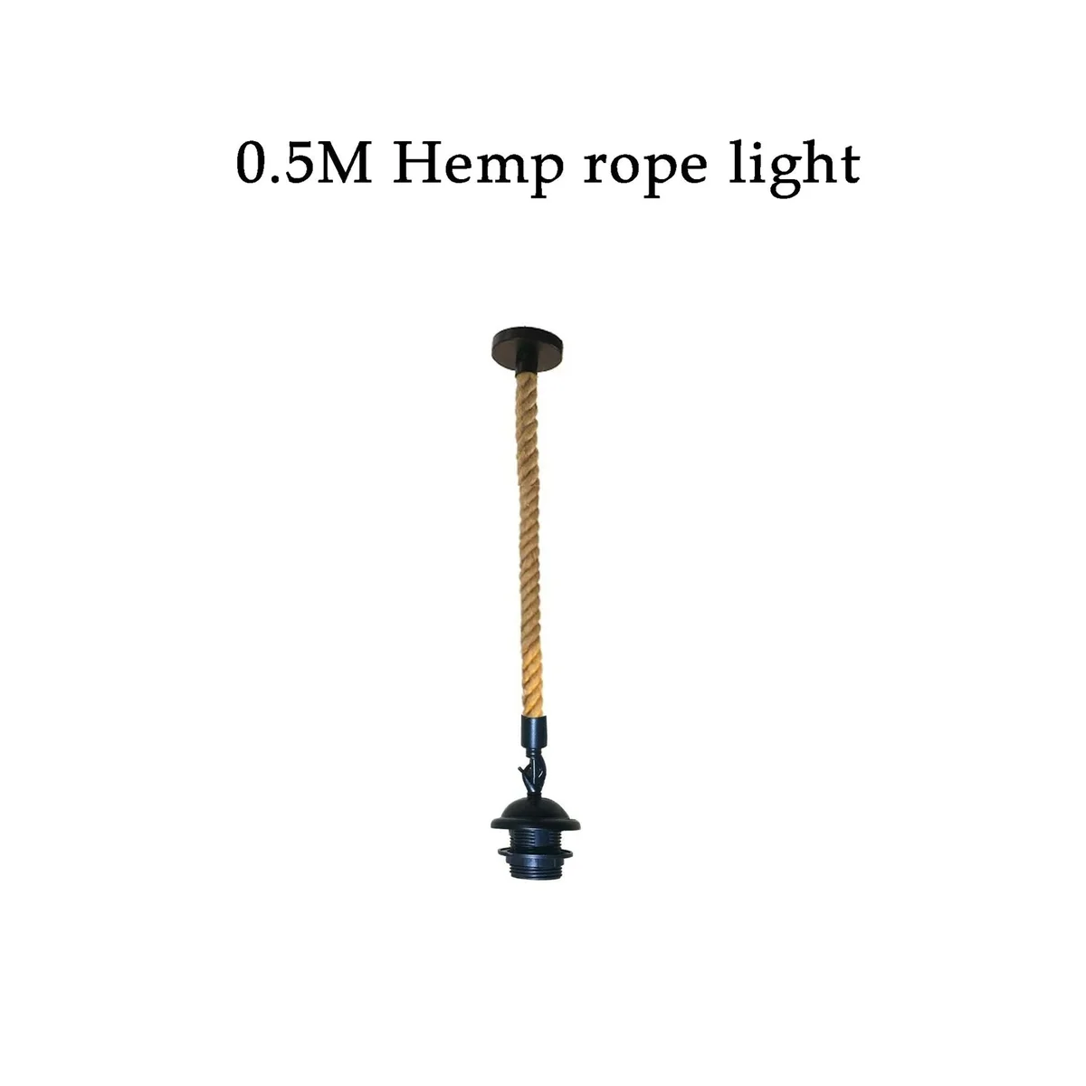 Vintage hemp rope pendant light with metal holder, thin hemp rope in natural colour suspended from ceiling.