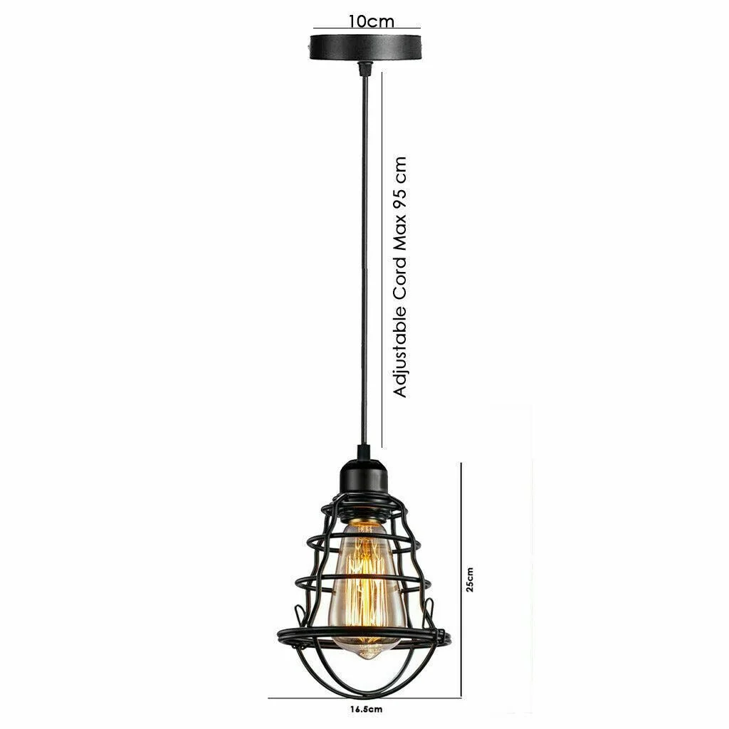 Industrial black cage pendant light for kitchen island lighting – adjustable 95cm cord, matte black wire cage, E27 bulb.