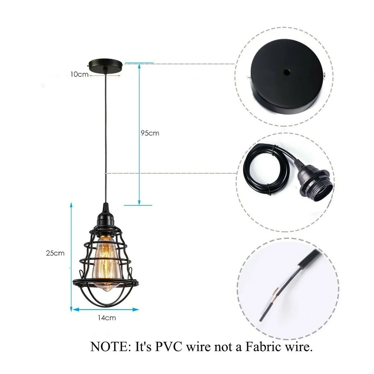 Adjustable pendant light with matte black metal cage and PVC cable, ideal for kitchen islands, hallways or dining rooms.