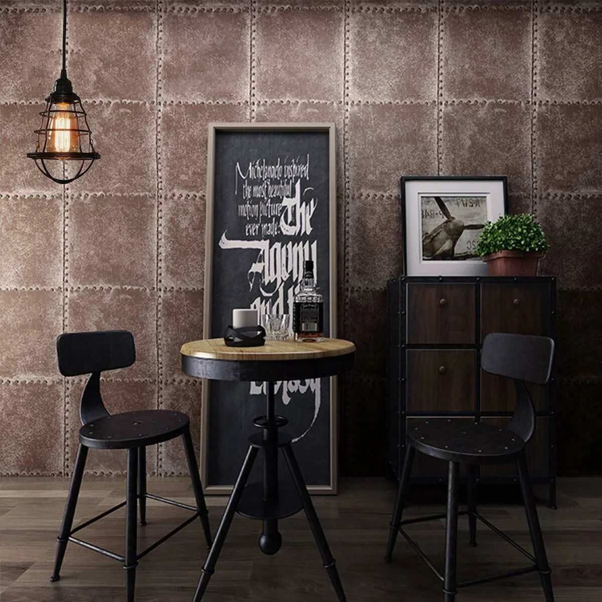 Matte black ceiling light hanging from wire cage, single E27 bulb, 95cm cord, industrial pendant for kitchen island