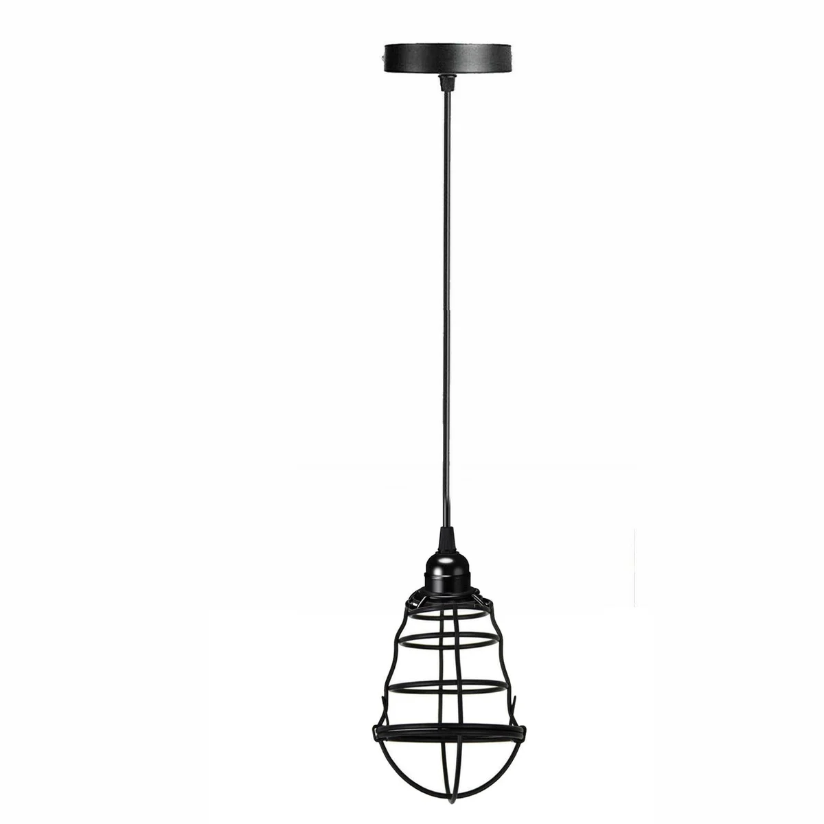 Black cage pendant light with matte black wire cage, E27 bulb holder and adjustable 95 cm cord hanging from ceiling