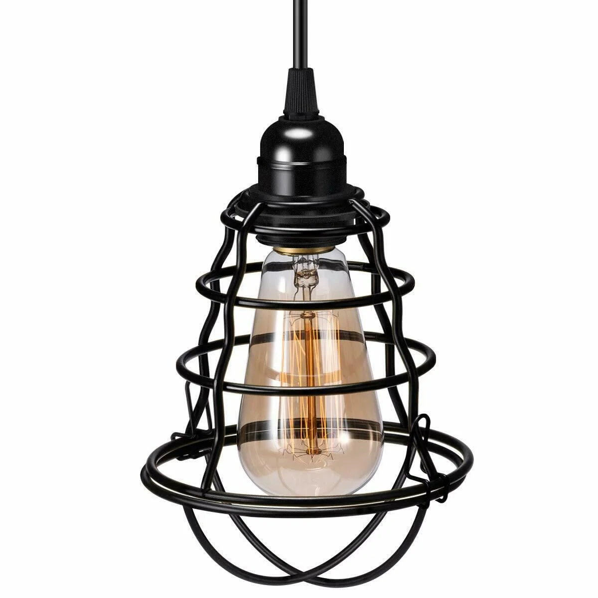 Black cage pendant light with matte black metal wire cage, single E27 bulb, adjustable 95 cm cord – modern industrial charm.