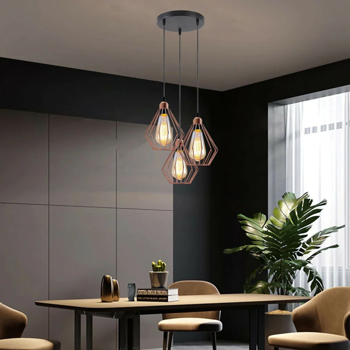 Rose gold cage ceiling pendant lamp with three E27 holders and long PVC cable.