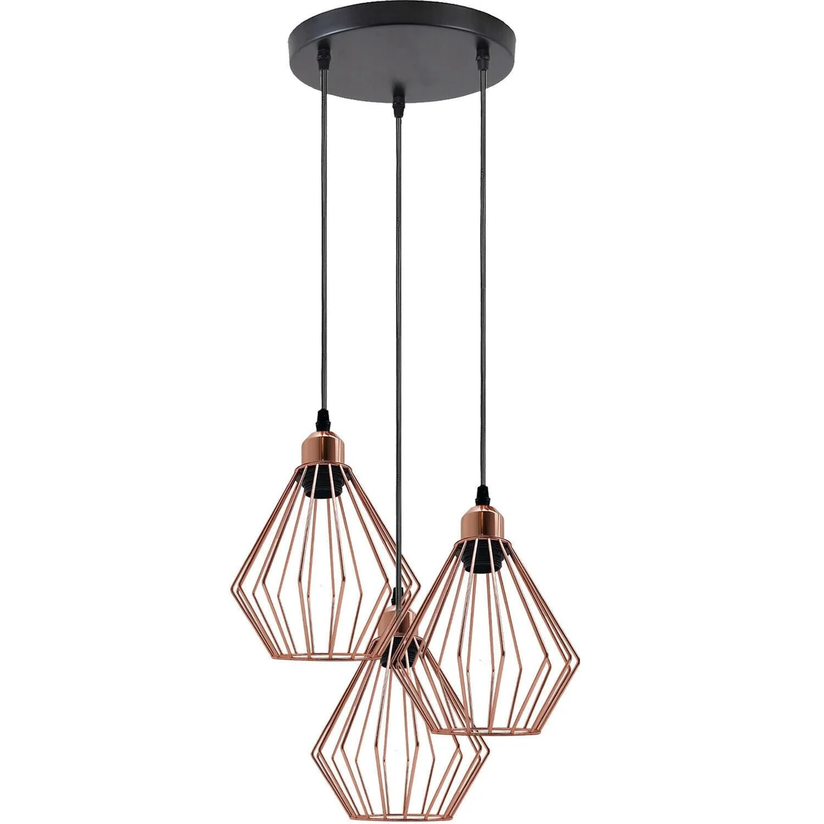 Rose gold metal cage pendant lamp with three light holders, PVC cable, stylish modern design.