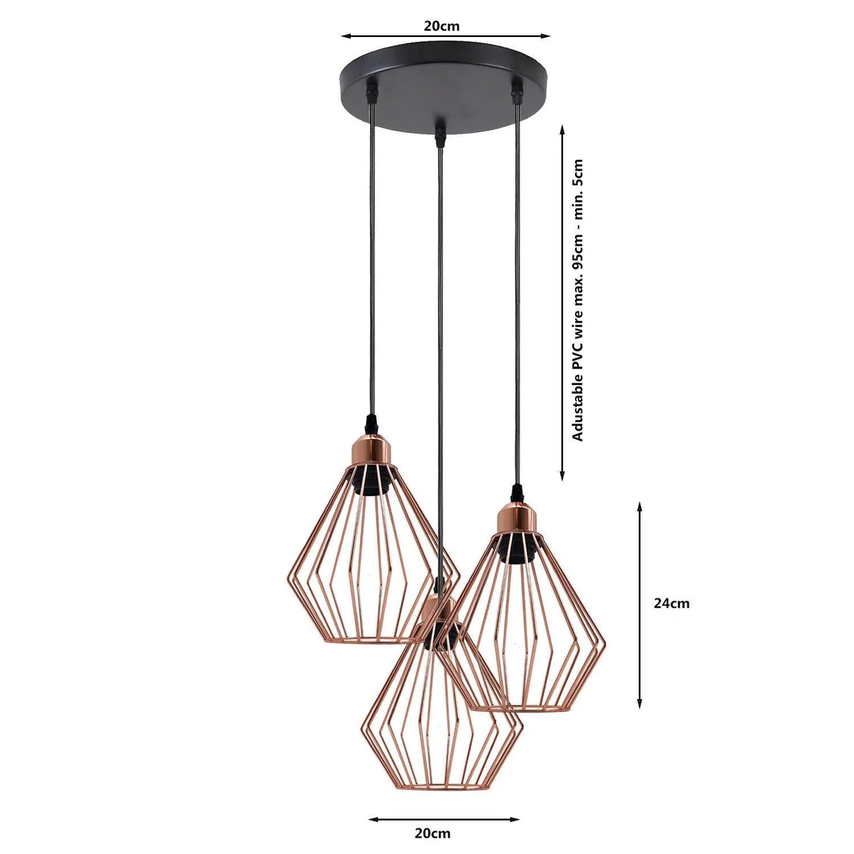 Rose gold E27 bulb ceiling fitting with metal cage and 95cm PVC cable, showing lid, 3 light holders and pendant base