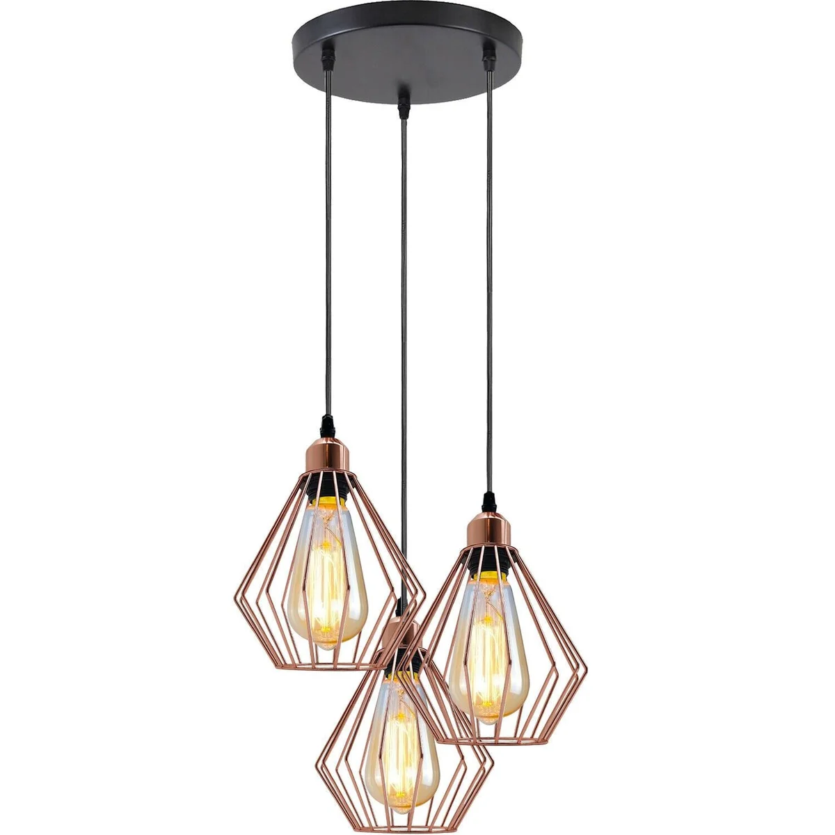Rose gold pendant lighting base with three metal cages, PVC cable, 95cm long, ready to hold E27 bulbs.