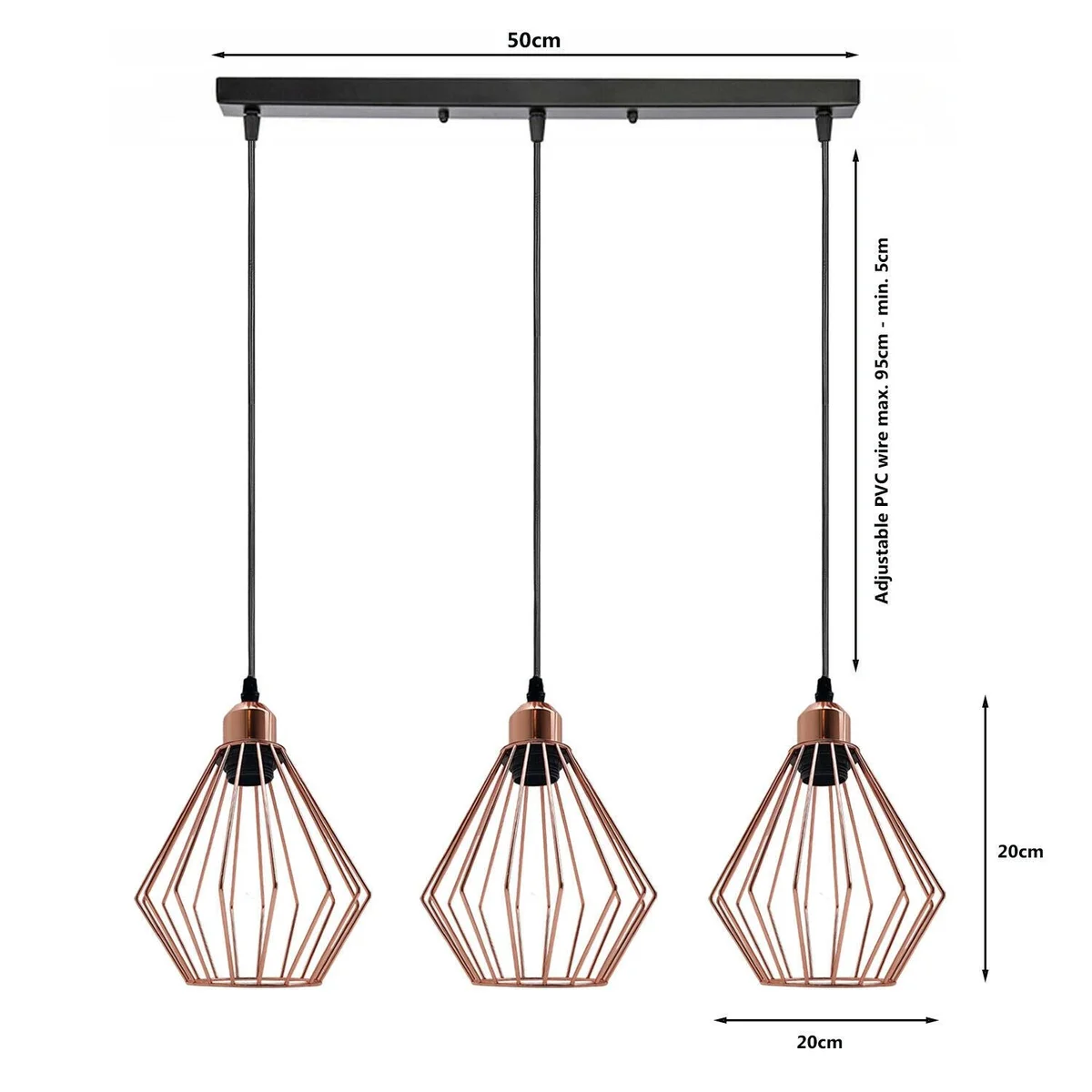 Three light ceiling pendant in rose gold metal cage, with PVC cable and E27 holders, for stylish home lighting