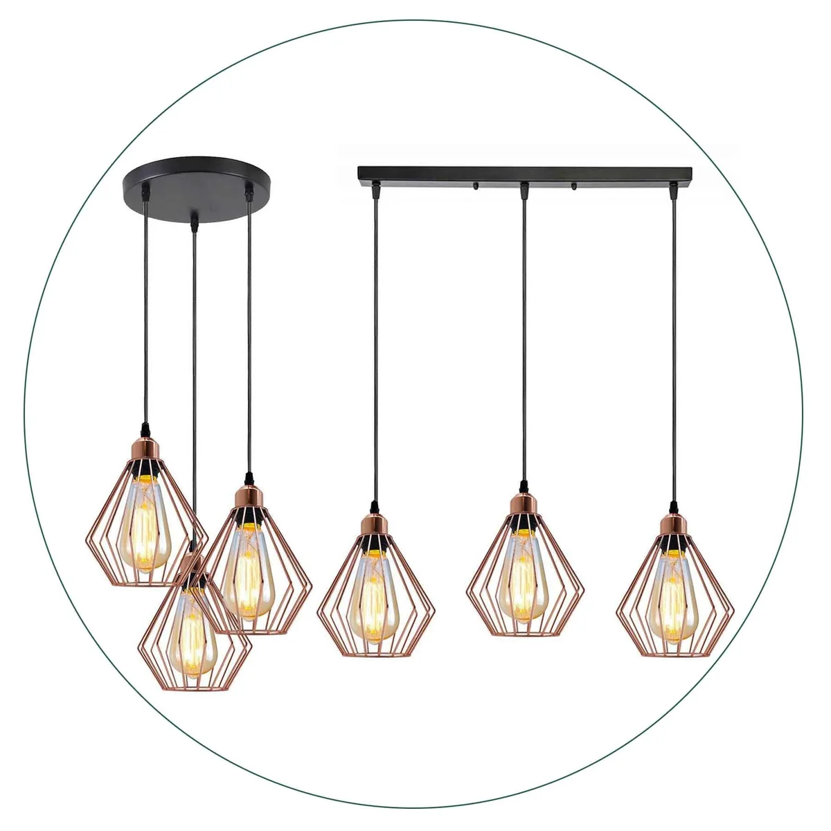 Rose gold ceiling pendant with metal cage, 3 light holders, PVC cable, 50cm tall, elegant design for home décor.