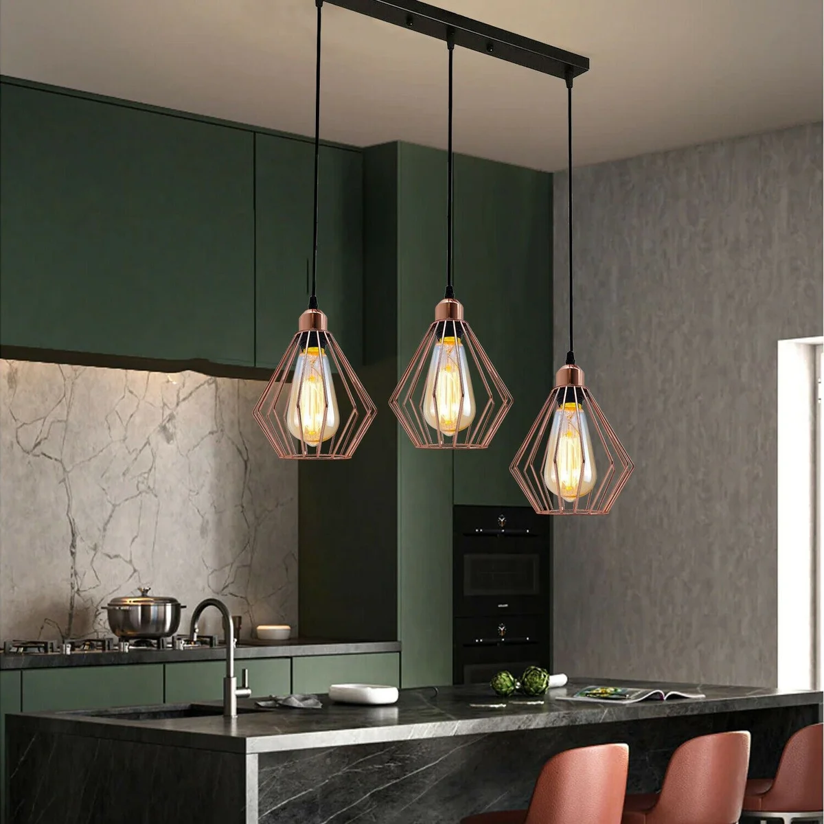 Rose gold ceiling pendant with metal cage, three E27 light holders, 95cm PVC cable and 50cm wide base.