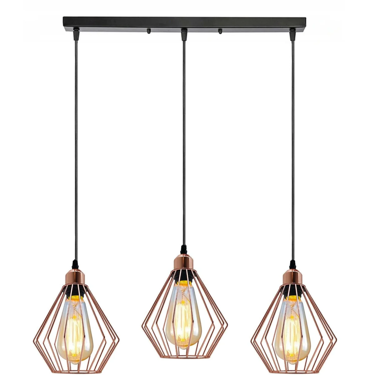 Rose gold ceiling pendant with 3 light cages, metal body, 95 cm PVC cable, round 50 cm plate.