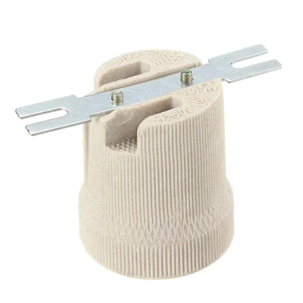 White ceramic E27 lamp holder with metal base, showing screw terminal connection, suitable for heat‑resistant indoor lights.