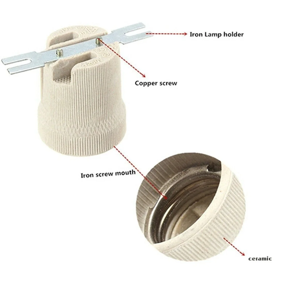 White ceramic lamp holder with E27 bulb socket and metal base, suitable for high‑heat applications.