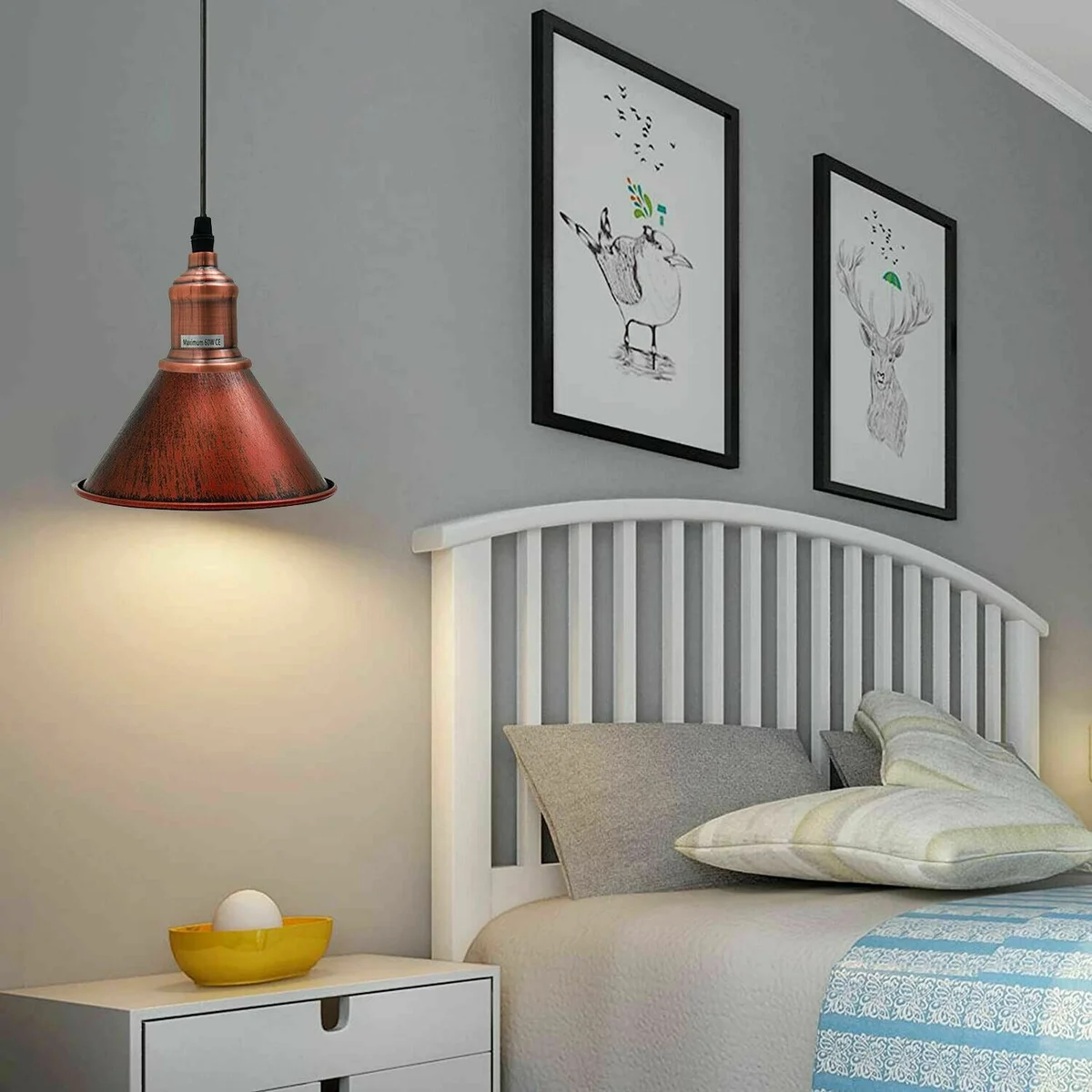 Black cone shade pendant light with white hood interior, metal frame and PVC wire, angled for sloped ceilings