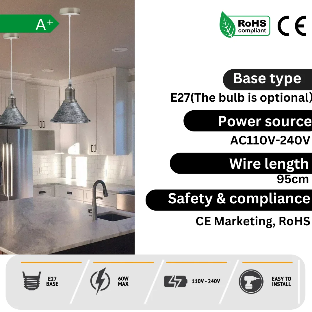 Adjustable ceiling pendant in black metal with cone shade, 95 cm wire, shown hanging from ceiling.