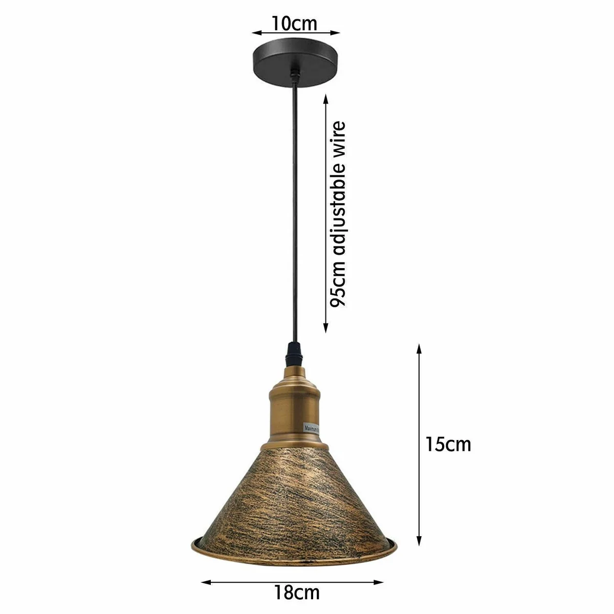 E27 bulb pendant light with cone‑shaped metal shade, black finish, hanging from ceiling with 95cm PVC wire
