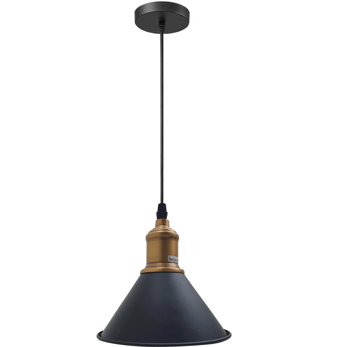 Metal hanging ceiling light with cone‑shaped shade, black and brushed metal finish, angled for sloped ceilings.